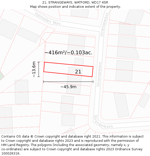 21, STRANGEWAYS, WATFORD, WD17 4SR: Plot and title map