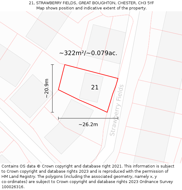 21, STRAWBERRY FIELDS, GREAT BOUGHTON, CHESTER, CH3 5YF: Plot and title map