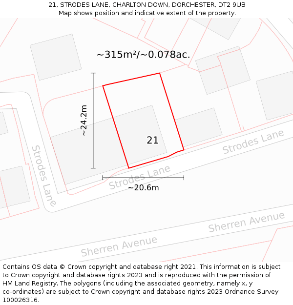 21, STRODES LANE, CHARLTON DOWN, DORCHESTER, DT2 9UB: Plot and title map