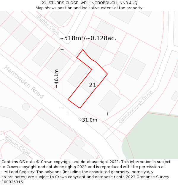 21, STUBBS CLOSE, WELLINGBOROUGH, NN8 4UQ: Plot and title map