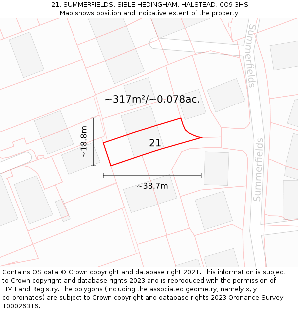 21, SUMMERFIELDS, SIBLE HEDINGHAM, HALSTEAD, CO9 3HS: Plot and title map