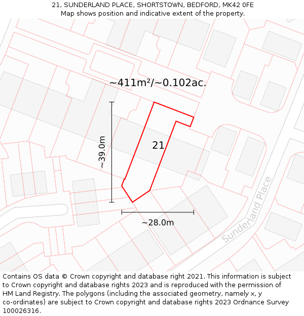 21, SUNDERLAND PLACE, SHORTSTOWN, BEDFORD, MK42 0FE: Plot and title map