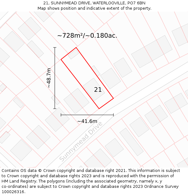 21, SUNNYMEAD DRIVE, WATERLOOVILLE, PO7 6BN: Plot and title map