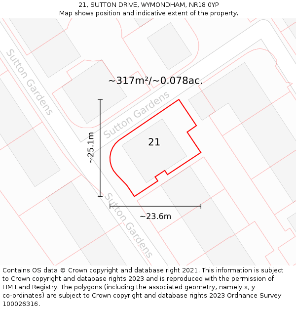 21, SUTTON DRIVE, WYMONDHAM, NR18 0YP: Plot and title map