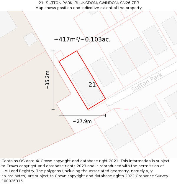 21, SUTTON PARK, BLUNSDON, SWINDON, SN26 7BB: Plot and title map