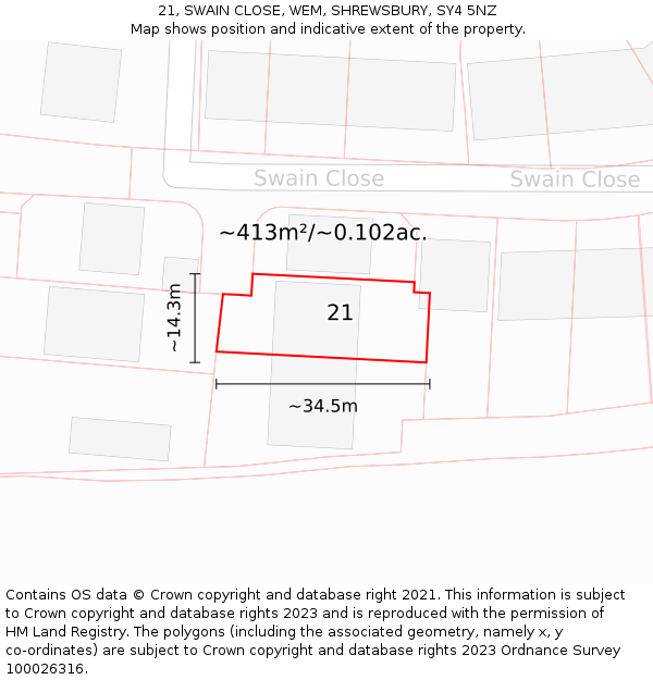 21, SWAIN CLOSE, WEM, SHREWSBURY, SY4 5NZ: Plot and title map