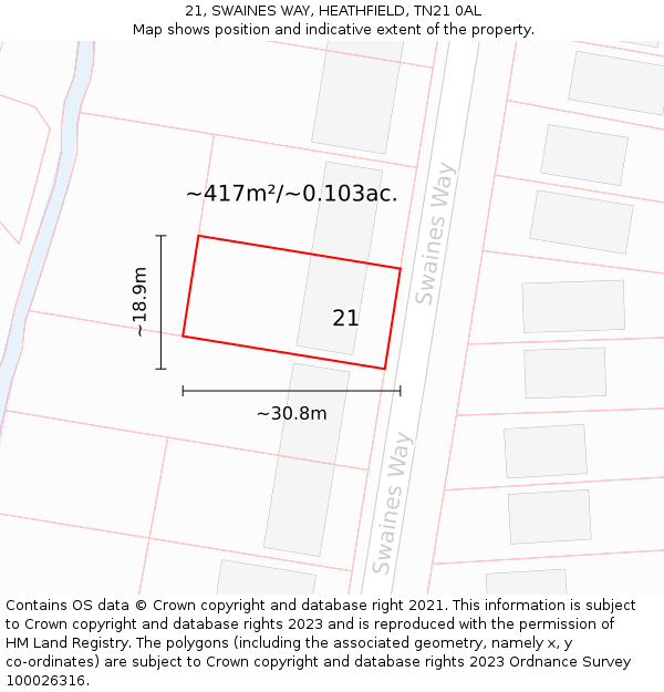 21, SWAINES WAY, HEATHFIELD, TN21 0AL: Plot and title map