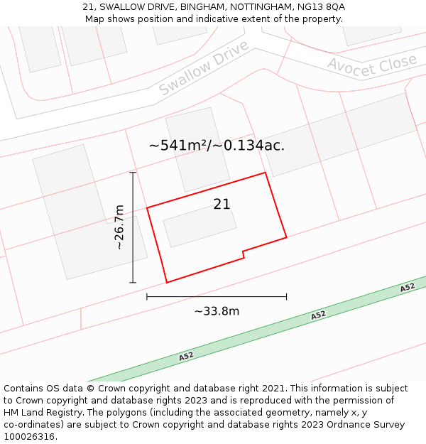 21, SWALLOW DRIVE, BINGHAM, NOTTINGHAM, NG13 8QA: Plot and title map