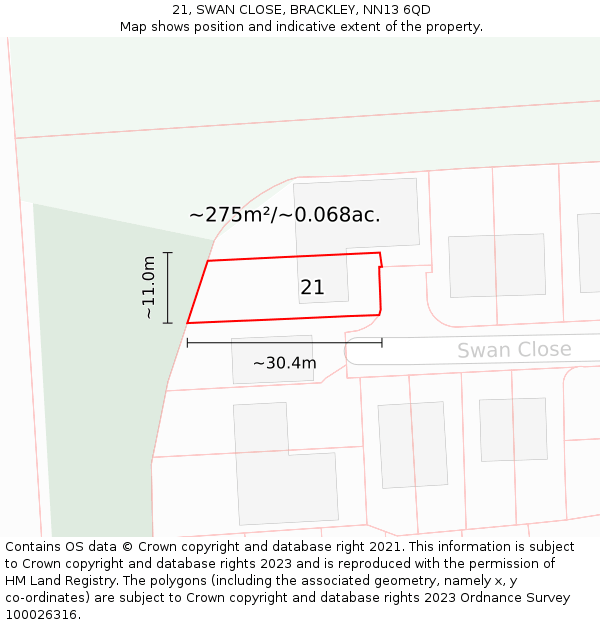 21, SWAN CLOSE, BRACKLEY, NN13 6QD: Plot and title map