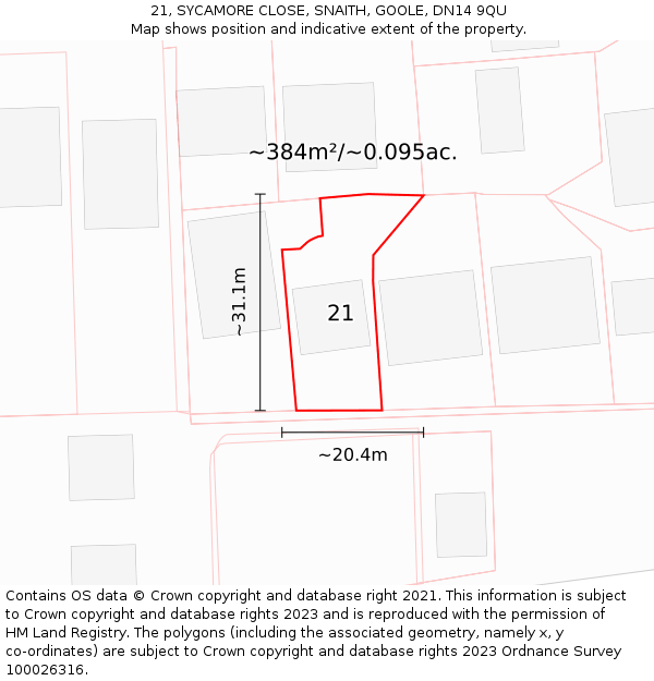 21, SYCAMORE CLOSE, SNAITH, GOOLE, DN14 9QU: Plot and title map