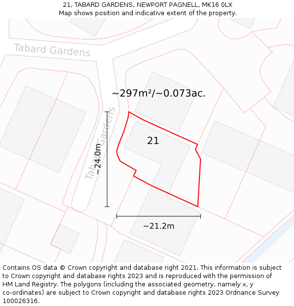 21, TABARD GARDENS, NEWPORT PAGNELL, MK16 0LX: Plot and title map