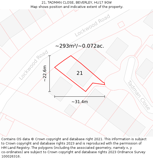 21, TADMAN CLOSE, BEVERLEY, HU17 9GW: Plot and title map