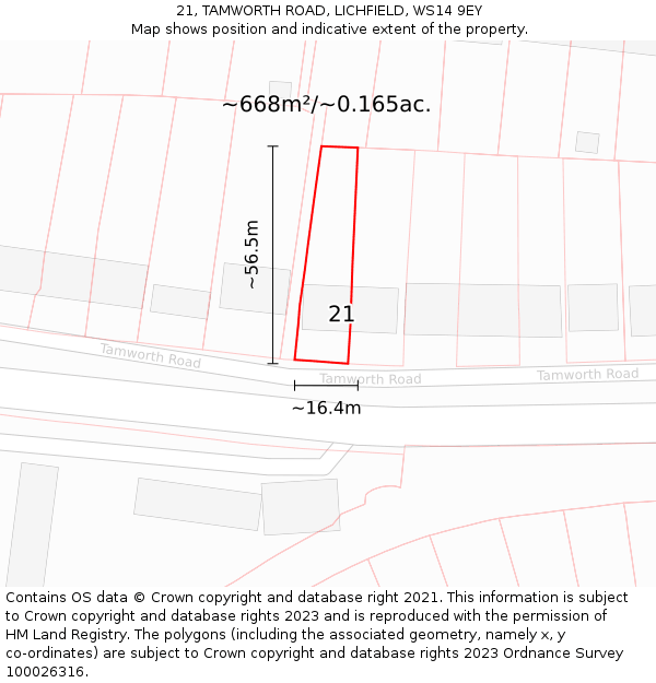 21, TAMWORTH ROAD, LICHFIELD, WS14 9EY: Plot and title map