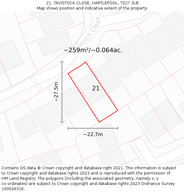 21, TAVISTOCK CLOSE, HARTLEPOOL, TS27 3LB: Plot and title map