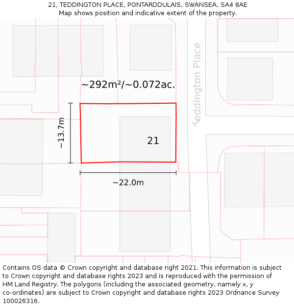 21, TEDDINGTON PLACE, PONTARDDULAIS, SWANSEA, SA4 8AE: Plot and title map