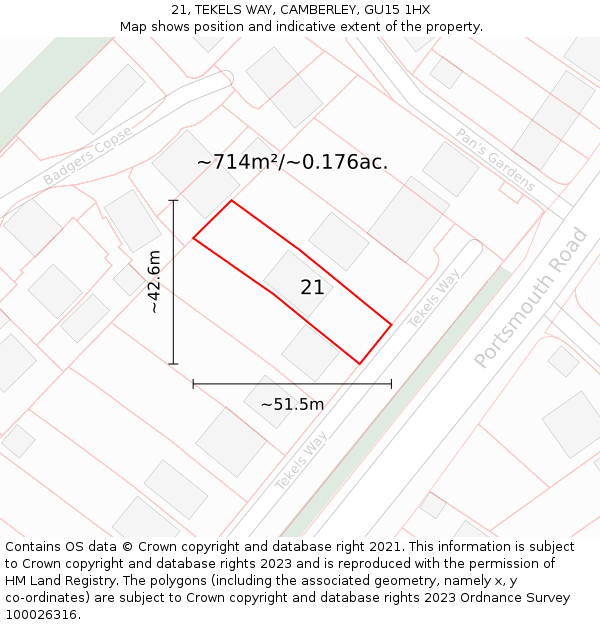 21, TEKELS WAY, CAMBERLEY, GU15 1HX: Plot and title map