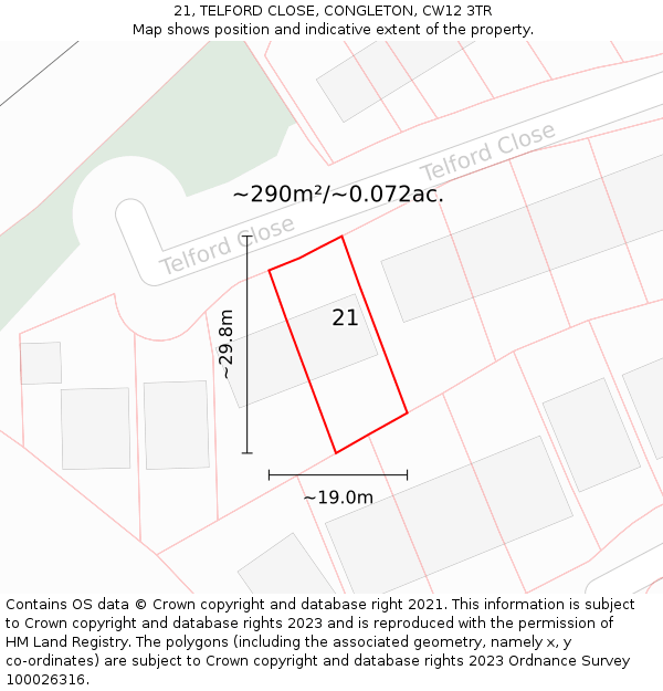 21, TELFORD CLOSE, CONGLETON, CW12 3TR: Plot and title map