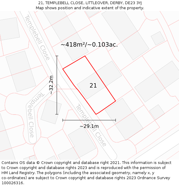 21, TEMPLEBELL CLOSE, LITTLEOVER, DERBY, DE23 3YJ: Plot and title map