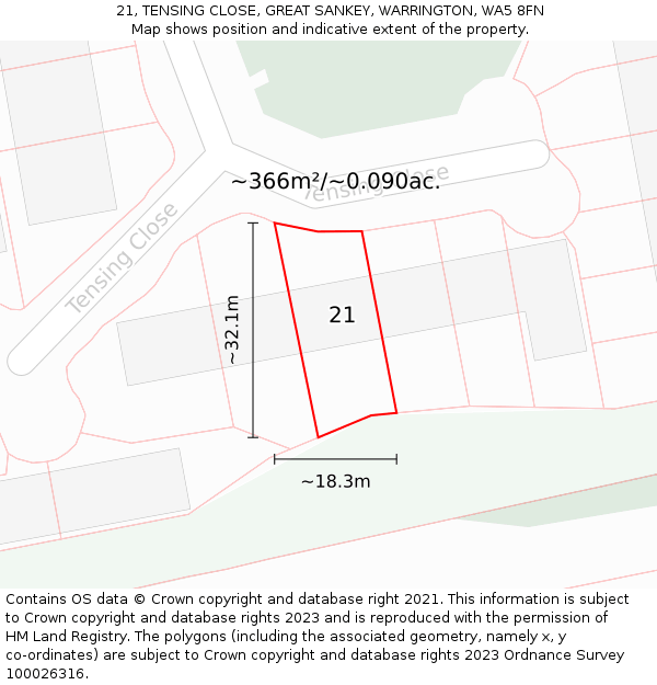 21, TENSING CLOSE, GREAT SANKEY, WARRINGTON, WA5 8FN: Plot and title map