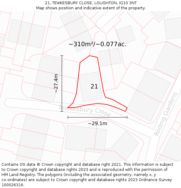 21, TEWKESBURY CLOSE, LOUGHTON, IG10 3NT: Plot and title map