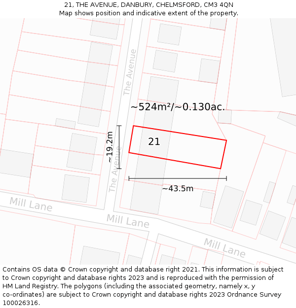 21, THE AVENUE, DANBURY, CHELMSFORD, CM3 4QN: Plot and title map