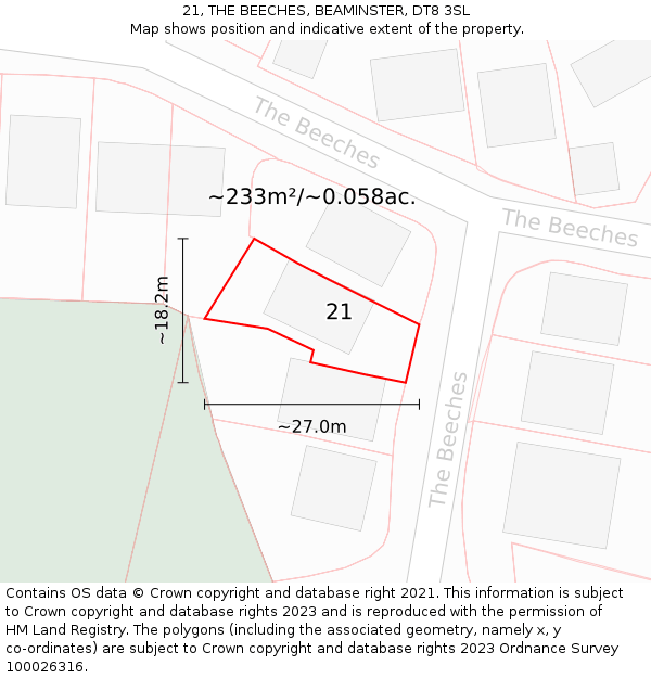 21, THE BEECHES, BEAMINSTER, DT8 3SL: Plot and title map