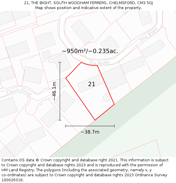 21, THE BIGHT, SOUTH WOODHAM FERRERS, CHELMSFORD, CM3 5GJ: Plot and title map