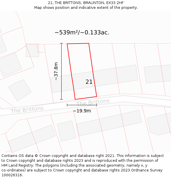 21, THE BRITTONS, BRAUNTON, EX33 2HF: Plot and title map