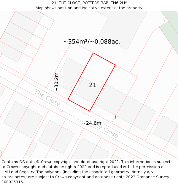 21, THE CLOSE, POTTERS BAR, EN6 2HY: Plot and title map