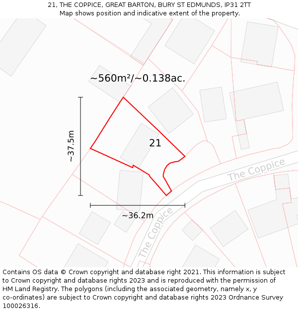 21, THE COPPICE, GREAT BARTON, BURY ST EDMUNDS, IP31 2TT: Plot and title map