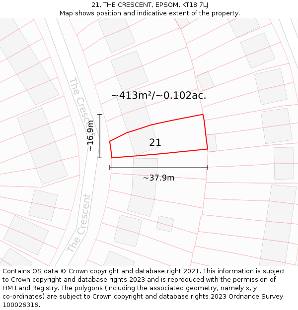 21, THE CRESCENT, EPSOM, KT18 7LJ: Plot and title map