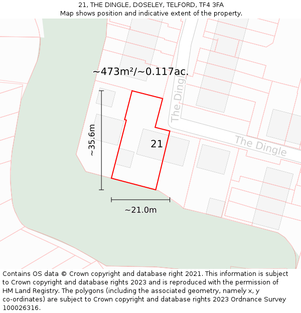 21, THE DINGLE, DOSELEY, TELFORD, TF4 3FA: Plot and title map