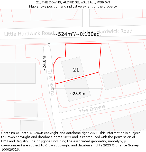 21, THE DOWNS, ALDRIDGE, WALSALL, WS9 0YT: Plot and title map