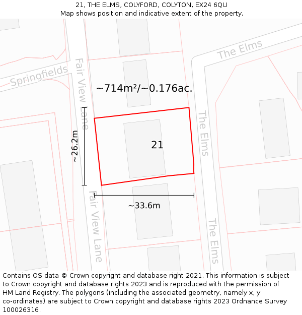 21, THE ELMS, COLYFORD, COLYTON, EX24 6QU: Plot and title map