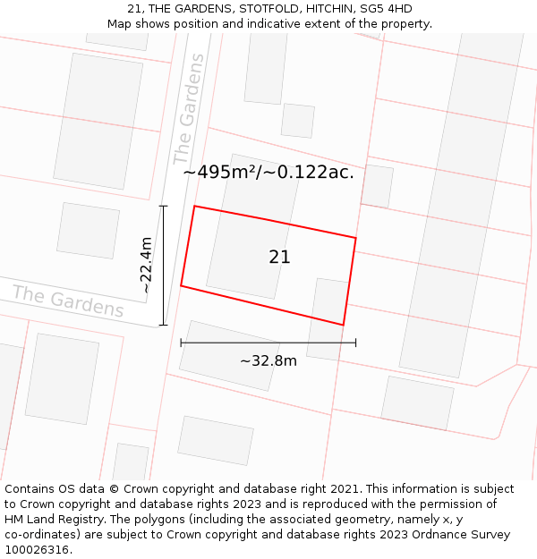 21, THE GARDENS, STOTFOLD, HITCHIN, SG5 4HD: Plot and title map