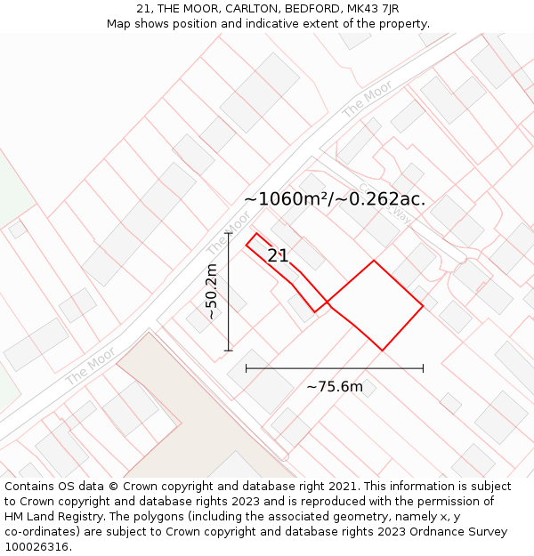 21, THE MOOR, CARLTON, BEDFORD, MK43 7JR: Plot and title map