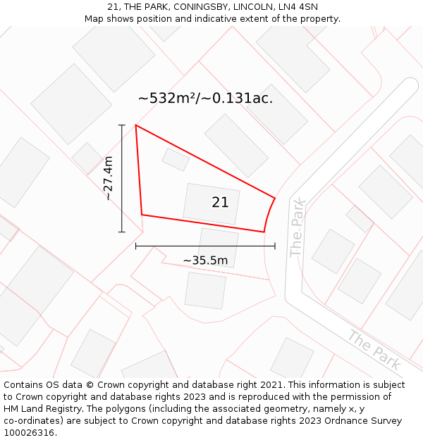 21, THE PARK, CONINGSBY, LINCOLN, LN4 4SN: Plot and title map