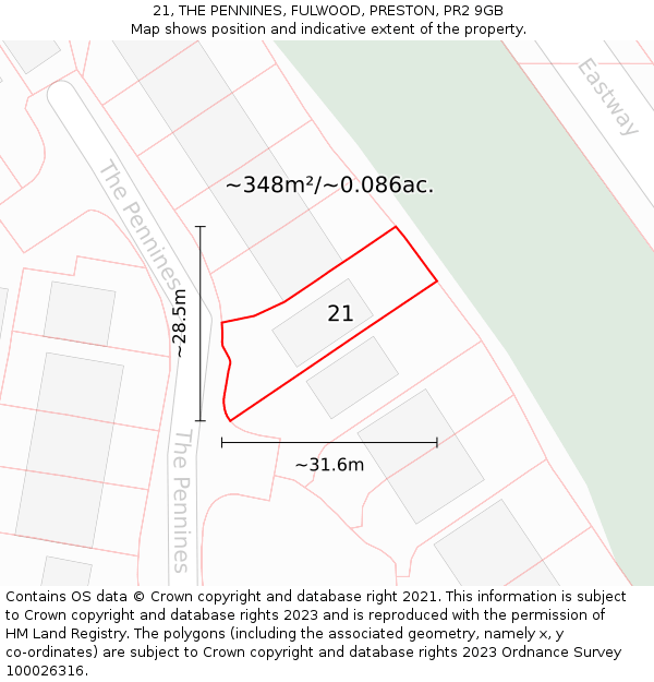 21, THE PENNINES, FULWOOD, PRESTON, PR2 9GB: Plot and title map