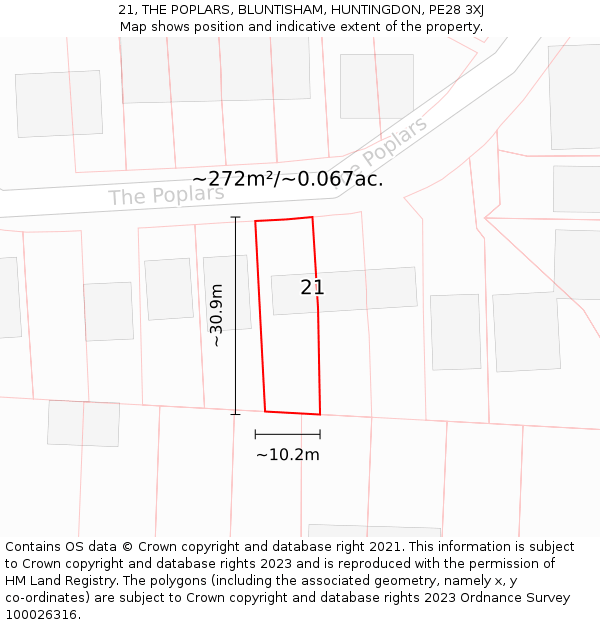 21, THE POPLARS, BLUNTISHAM, HUNTINGDON, PE28 3XJ: Plot and title map