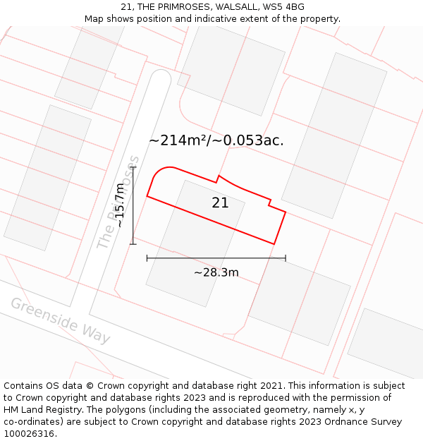21, THE PRIMROSES, WALSALL, WS5 4BG: Plot and title map