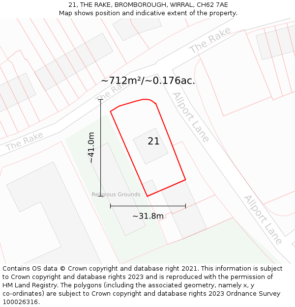 21, THE RAKE, BROMBOROUGH, WIRRAL, CH62 7AE: Plot and title map