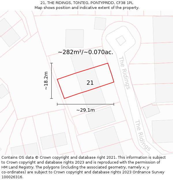 21, THE RIDINGS, TONTEG, PONTYPRIDD, CF38 1PL: Plot and title map