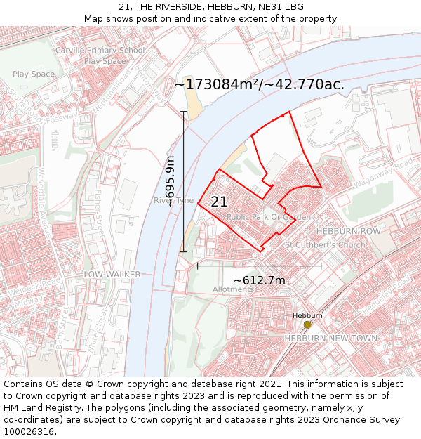 21, THE RIVERSIDE, HEBBURN, NE31 1BG: Plot and title map
