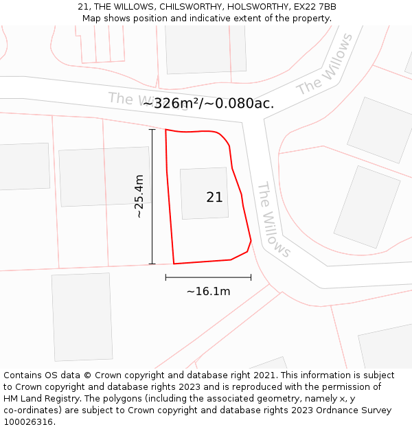 21, THE WILLOWS, CHILSWORTHY, HOLSWORTHY, EX22 7BB: Plot and title map