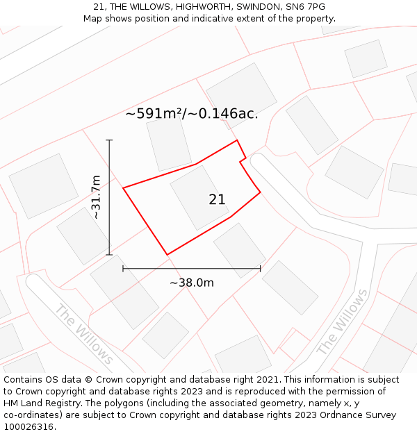 21, THE WILLOWS, HIGHWORTH, SWINDON, SN6 7PG: Plot and title map