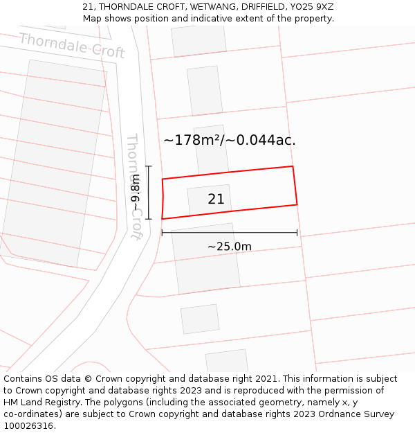 21, THORNDALE CROFT, WETWANG, DRIFFIELD, YO25 9XZ: Plot and title map