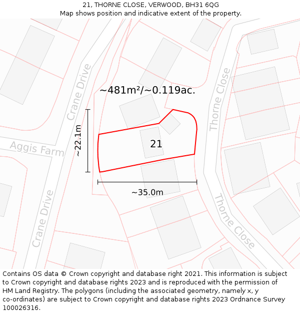 21, THORNE CLOSE, VERWOOD, BH31 6QG: Plot and title map