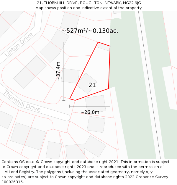 21, THORNHILL DRIVE, BOUGHTON, NEWARK, NG22 9JG: Plot and title map