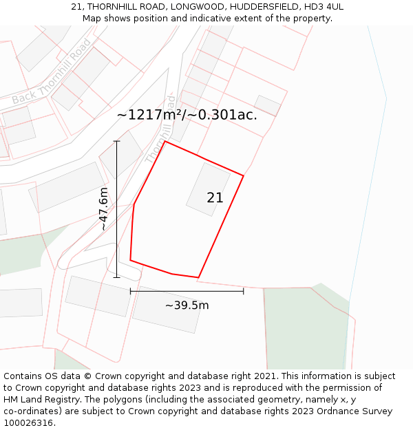 21, THORNHILL ROAD, LONGWOOD, HUDDERSFIELD, HD3 4UL: Plot and title map