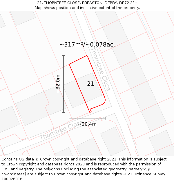 21, THORNTREE CLOSE, BREASTON, DERBY, DE72 3FH: Plot and title map